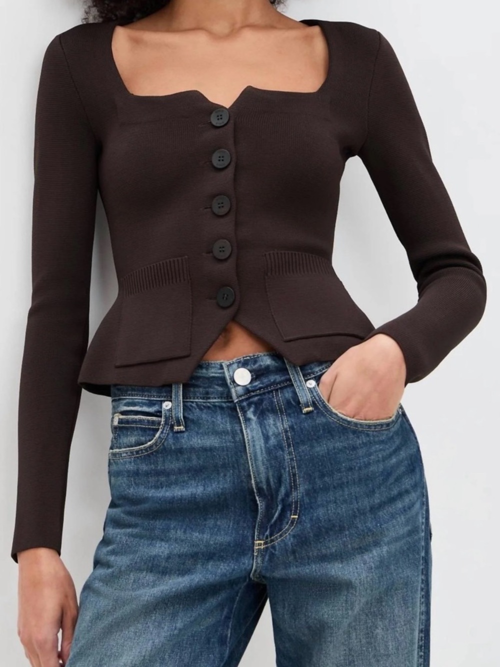 STAUD Dark Brown Button-Up Knit Cardigan